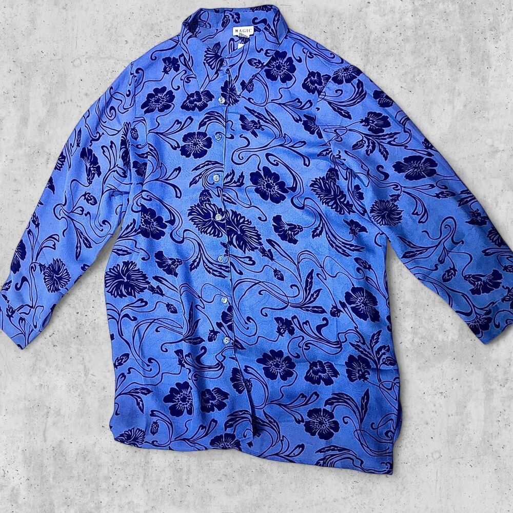Blue floral button-up shirt with dark blue floral and vine pattern size 1X